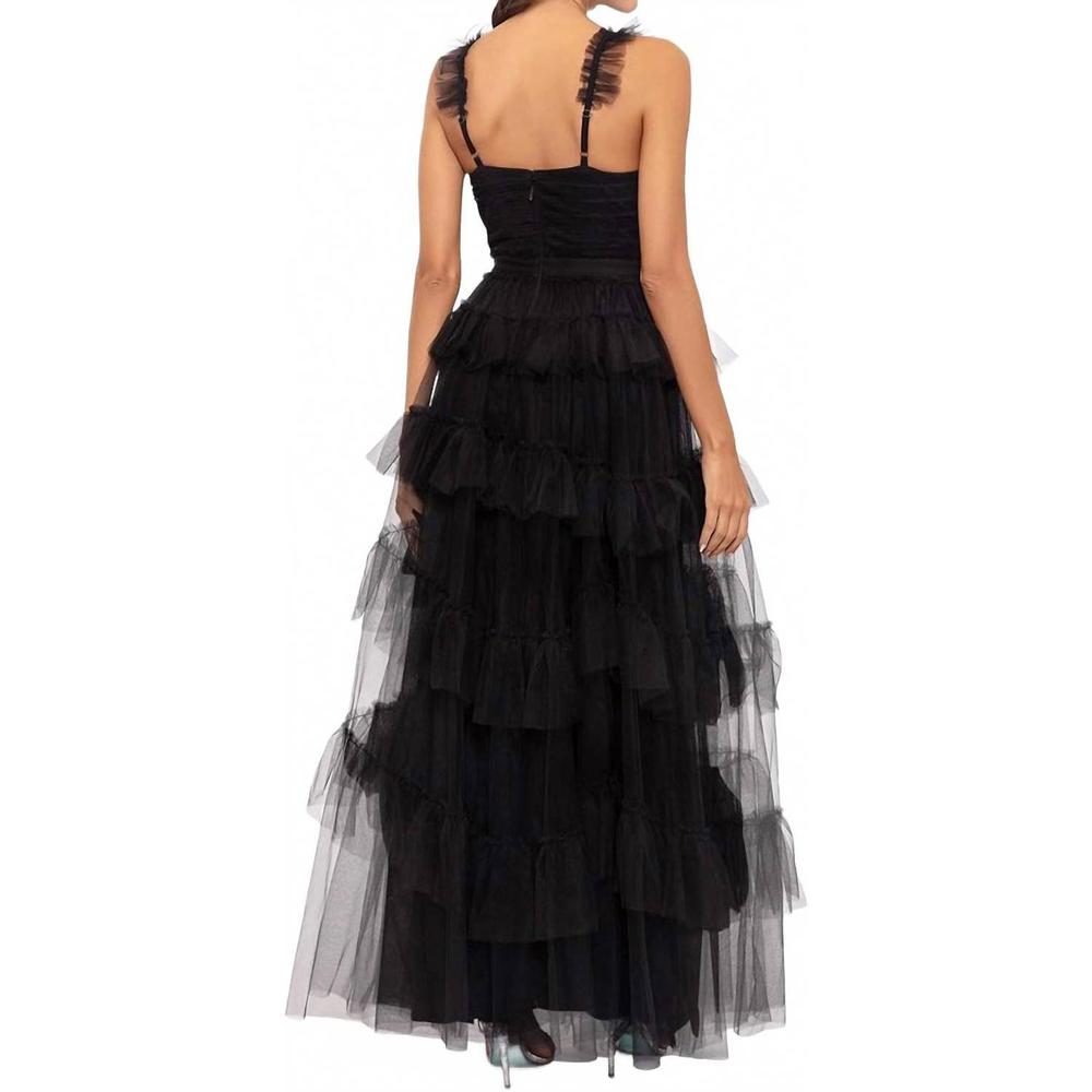 NEW BETSY & ADAM gigi long ruffle mesh dress in black - Picture 2 of 3